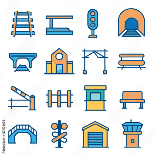 Linear transportation and infrastructure icons set featuring railroad, bridge, traffic light, tunnel, and warehouse