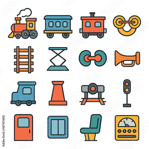 Linear transportation icon set featuring train, track, signal, ticket, and seat symbols