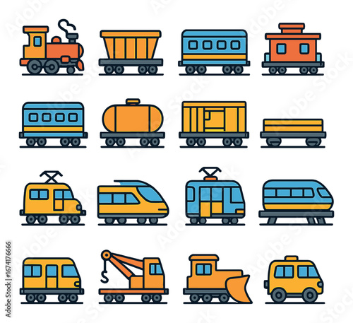 Flat transport vehicle icon set featuring train, tram, bus, cargo, locomotive, subway, and wagon designs