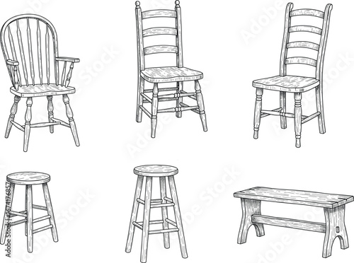 Hand-Drawn Vintage Wooden Chairs, Stools, and Bench Illustration Set – Classic Rustic Furniture Sketches for Interior Design and Home Decor Projects