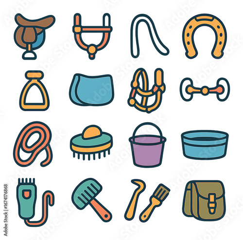 Linear equestrian icon set featuring saddle, bridle, reins, horseshoe, stirrup, and grooming tools