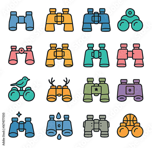 Linear binoculars icon set featuring birdwatching, sports, travel, safari, and adventure symbols
