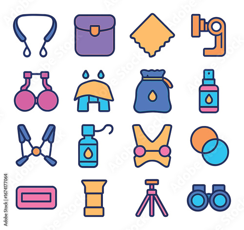 Linear camping icon set featuring sleeping bag, backpack, campfire, flashlight, compass, and binoculars symbols