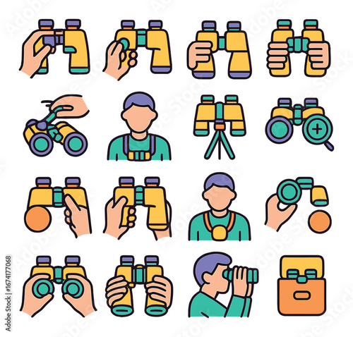 Linear binoculars icon set featuring hands, person, tripod, magnifier, and case symbols
