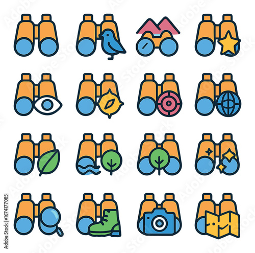 Flat birdwatching icon set featuring binoculars, bird, mountains, star, eye, wildlife, and nature symbols