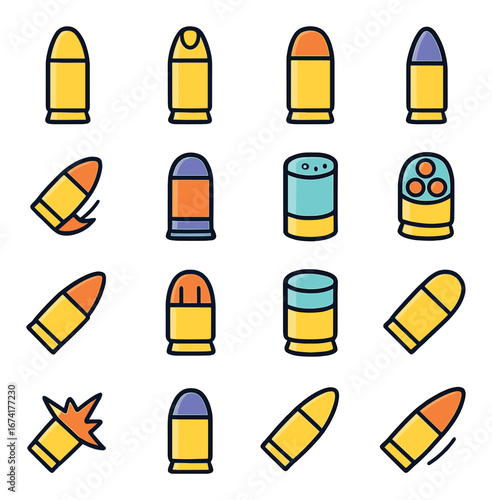 Flat ammunition icon set featuring bullet, cartridge, ammo, explosive, and shotgun symbols