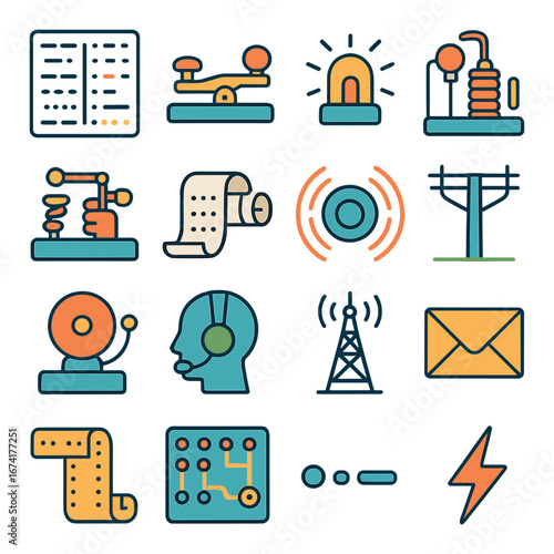 Linear telecommunication icons set featuring morse code, telegraph, radio tower, cable, and headset symbols