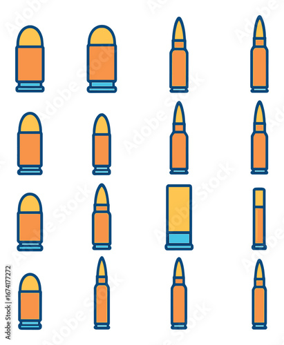 Flat weapon icon set featuring bullet, ammunition, cartridge, military, munitions, and shell symbols