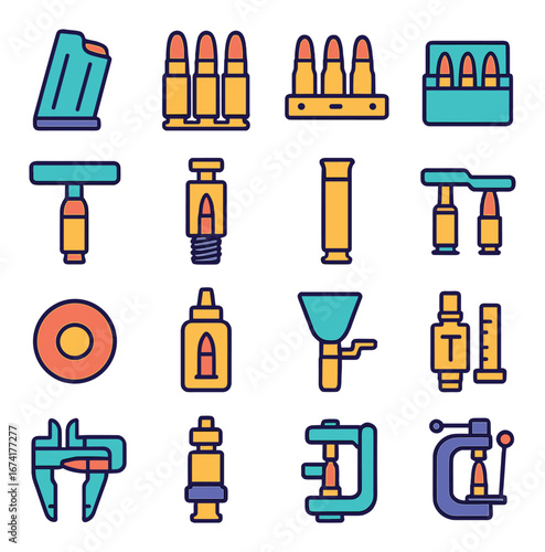 Linear weaponry icon set featuring ammo, cartridges, reloading tools, and precision measuring symbols