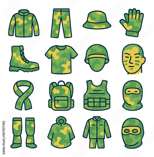 Flat military icons set featuring boots, jacket, helmet, gloves, shirt, pants, and mask designs