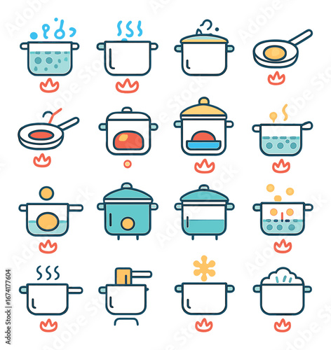 Linear kitchen icon set featuring boiling pot, frying pan, steaming pot, and rice cooker symbols