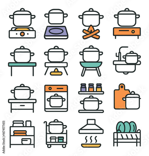 Linear kitchen icon set featuring stove, pot, sink, cutting board, oven, and pantry symbols