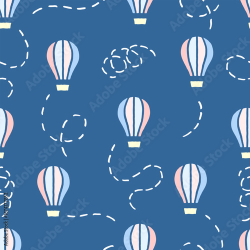 Vector seamless pattern with freehand drawn cartoon hot air balloons and tracks on dark blue background made in kid childish style in gentle pastel colors