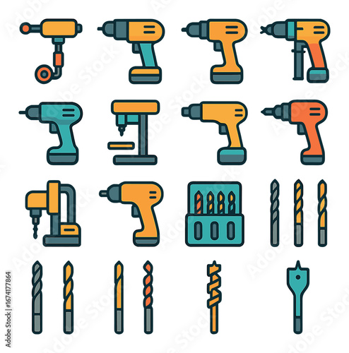 Flat power tools icon set featuring drill, driver, bit, hammer drill, and accessories