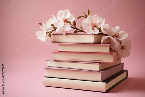 Delicate white flowers adorn stacked pastel books on a soft pink surface for a charming aesthetic
