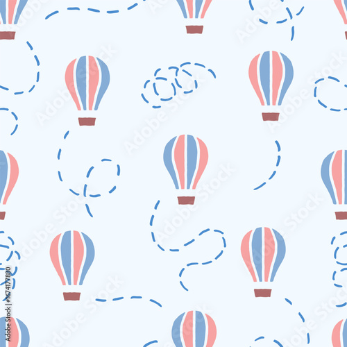 Vector seamless pattern with freehand drawn cartoon hot air balloons and tracks on light blue background made in kid childish style in gentle pastel colors