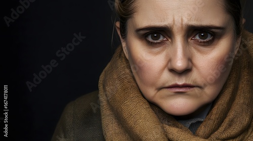 Closeup Portrait of a Sad Woman Wearing a Brown Scarf