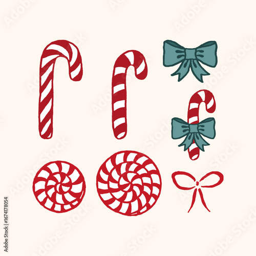 Vector illustration set of different freehand drawn cartoon christmas striped sugar candies bonbon spiral sticks and bows made in kid childish style