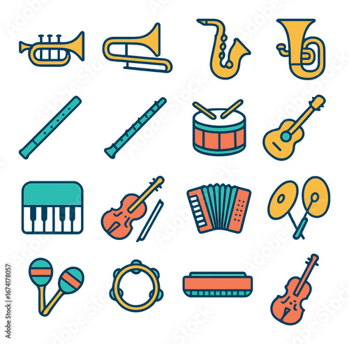 Linear music icon set featuring trumpet, saxophone, drum, guitar, piano, violin, flute, harmonica