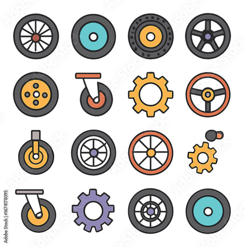 Flat automotive icon set featuring wheels, gears, steering wheel, and tires