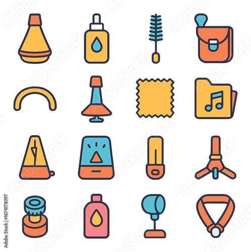 Linear music icon set featuring metronome, microphone, folder, note, bottle, and music symbols