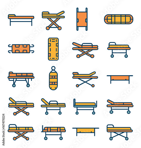 Linear medical icon set featuring hospital bed, stretcher, trolley, and gurney symbols