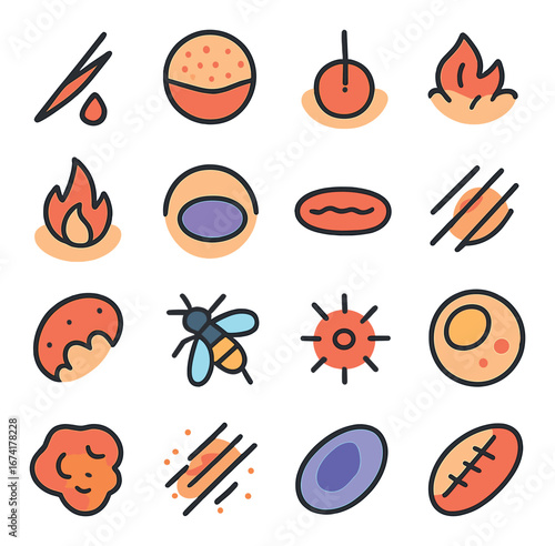 Flat magic potion icons set featuring flame, bug, and egg symbols