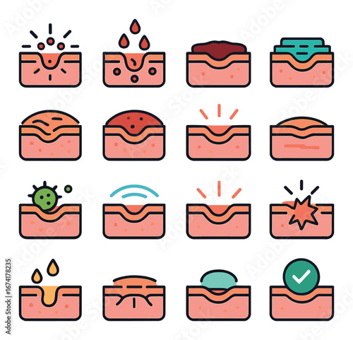 Linear skincare icons set featuring acne, hydration, oil, bacteria, and healing symbols
