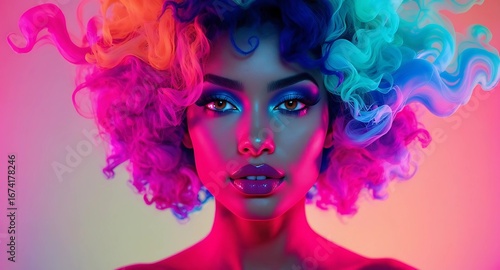 Futuristic Portrait of a Woman with Colorful Smoke Clouds Blending into Hair, Neon Glow Highlights, Hyper-Detailed Skin Texture, Surreal Symmetry, Cinematic 8K Concept Art