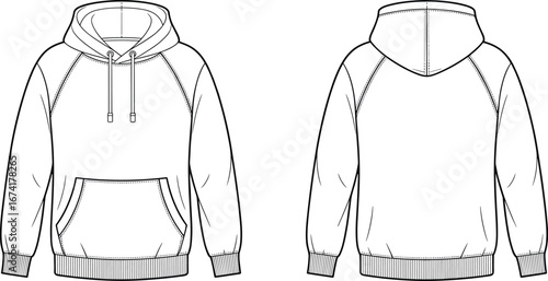 Technical flat sketch of a hoodie with front and back views, featuring raglan sleeves, kangaroo pocket, ribbed cuffs and hem, and drawstring hood.