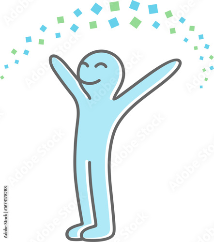 Vector illustration with cartoon happy smiling little man human person keeping hands up with particles pixels made in square forms of different size rotation made in blue green colors