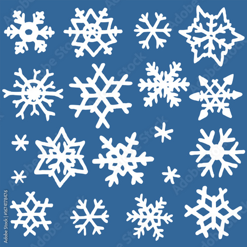 Vector illustration set of different shapes freehand drawn cartoon winter snowflakes made in kid childish style