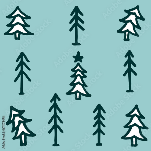 Vector illustration set of different shapes freehand drawn cartoon trees fir trees made in kid childish style
