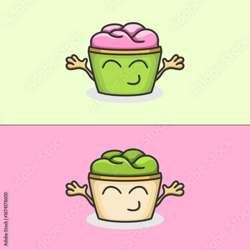 Vector illustration with two variations of funny smiling vegan vegetarian yogurt with face and hands.
