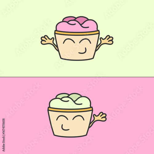 Vector illustration with two variations of funny smiling vegan vegetarian yogurt with face and hands.