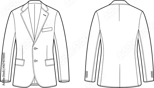Technical flat sketch of men's tailored blazer with front and back views, featuring notch lapels, button closure, flap pockets, and detailed stitching lines.