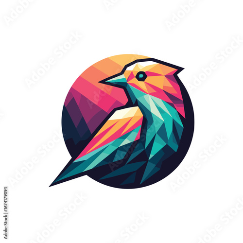Colorful geometric bird illustration with a vibrant sunset background, ideal for digital art