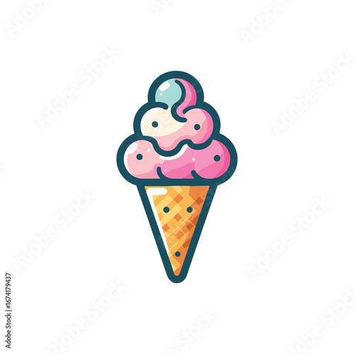 Colorful ice cream cone with swirls of pink and blue, set against a plain white background