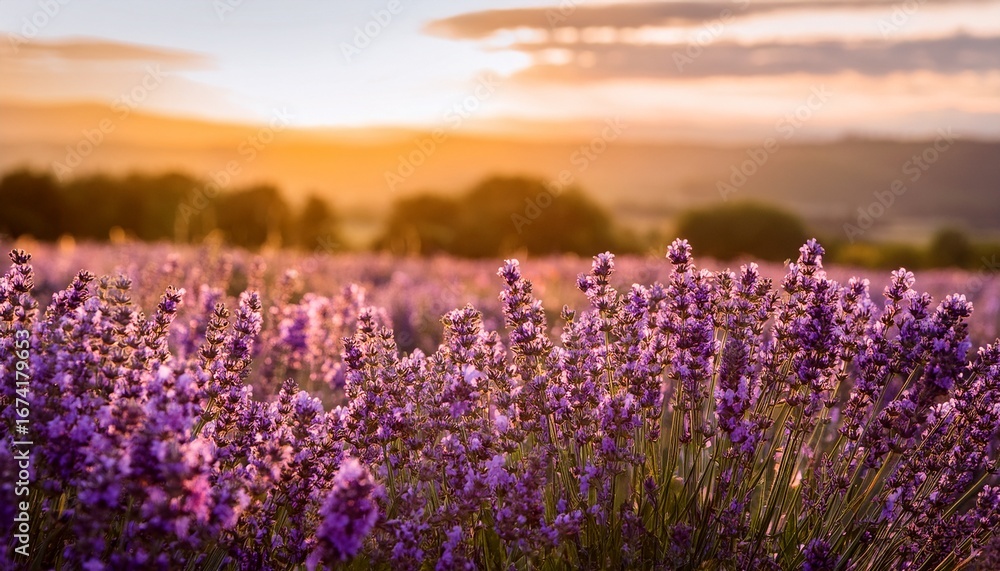 Naklejka premium lavender flowers bloom in a serene field during golden hour creating a tranquil atmosphere for nature lovers