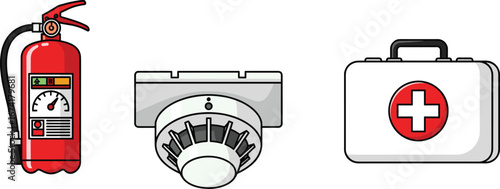 Vector illustration of essential emergency safety equipment including fire extinguisher, smoke detector, and first aid kit with clean modern design.