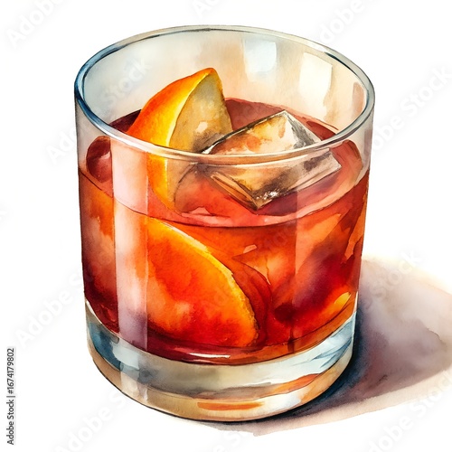 Watercolor negroni cocktail with orange slice and ice cube isolated on white background