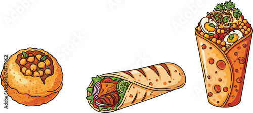Vector illustration of popular Indian street foods including vada pav, wrap sandwich, and chaat served with fresh ingredients and vibrant colors.