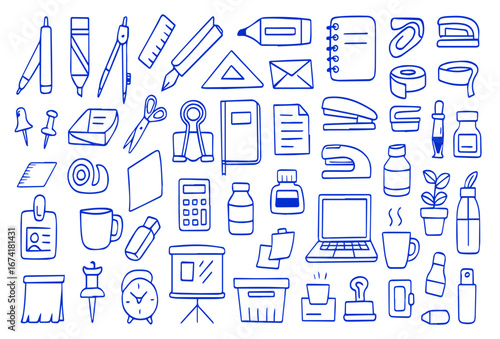 Hand Drawn Office Supplies and Stationery Doodle Vector Icons, Sketch Style Elements with Pens, Pencils, Notebooks, Clips, Paper, Rulers and Desk Items, Editable Formats: AI, EPS, JPG, PNG, 
