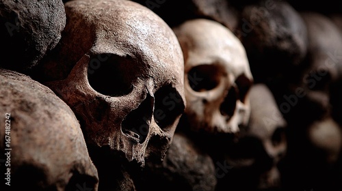 Chilling ossuary: A somber collection of human skulls stacked together, conveying mortality and history in a dark, evocative setting.