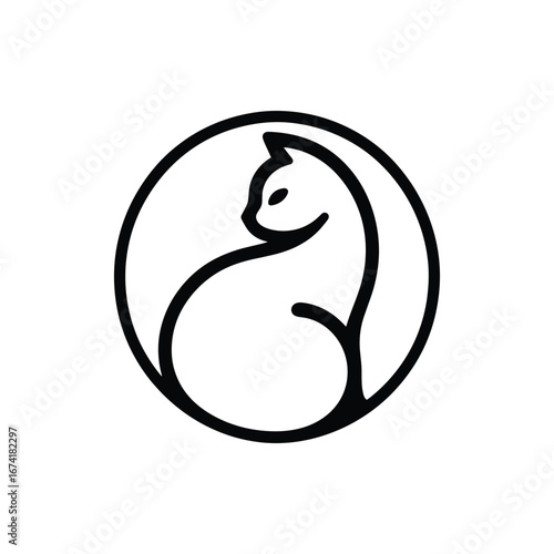 Minimalistic cat silhouette enclosed in a circular design, ideal for branding or art projects