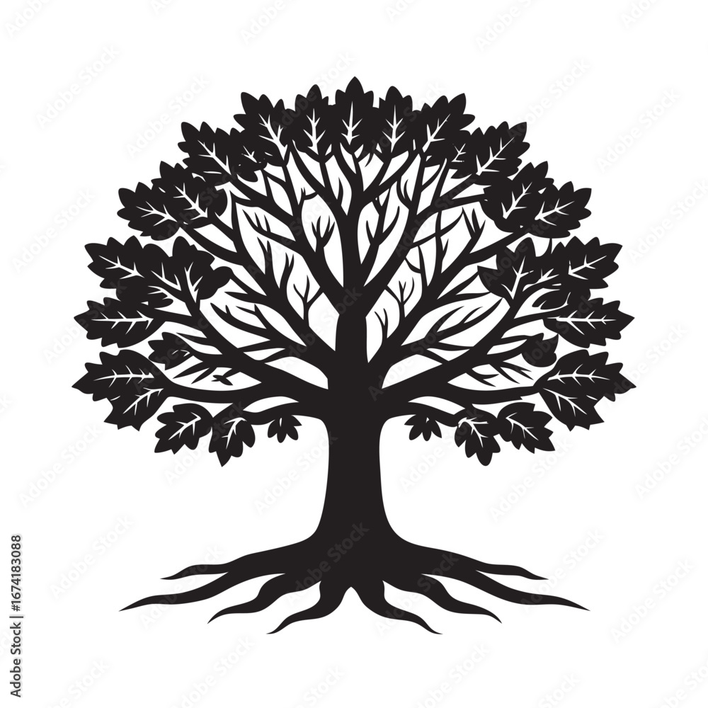Obraz premium Majestic Oak Tree With Spreading Branches Silhouette Illustration