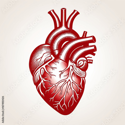 Wallpaper Mural This image shows a detailed red anatomical illustration of a human heart, displaying veins, arteries, and chambers. The realistic design highlights the structure and complexity of the organ against a  Torontodigital.ca