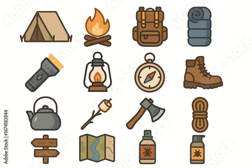 Camping essentials icons: tent, campfire, backpack, sleeping bag, flashlight