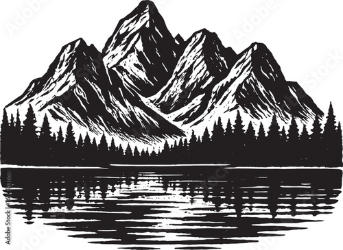 Black and White Sketch of Mountains Reflected in Water nature landscape