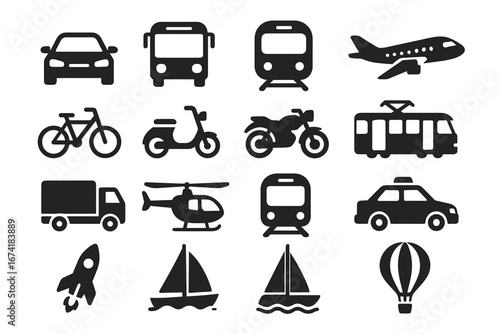 Silhouette icons of various modes of transportation including vehicles, planes, and boats